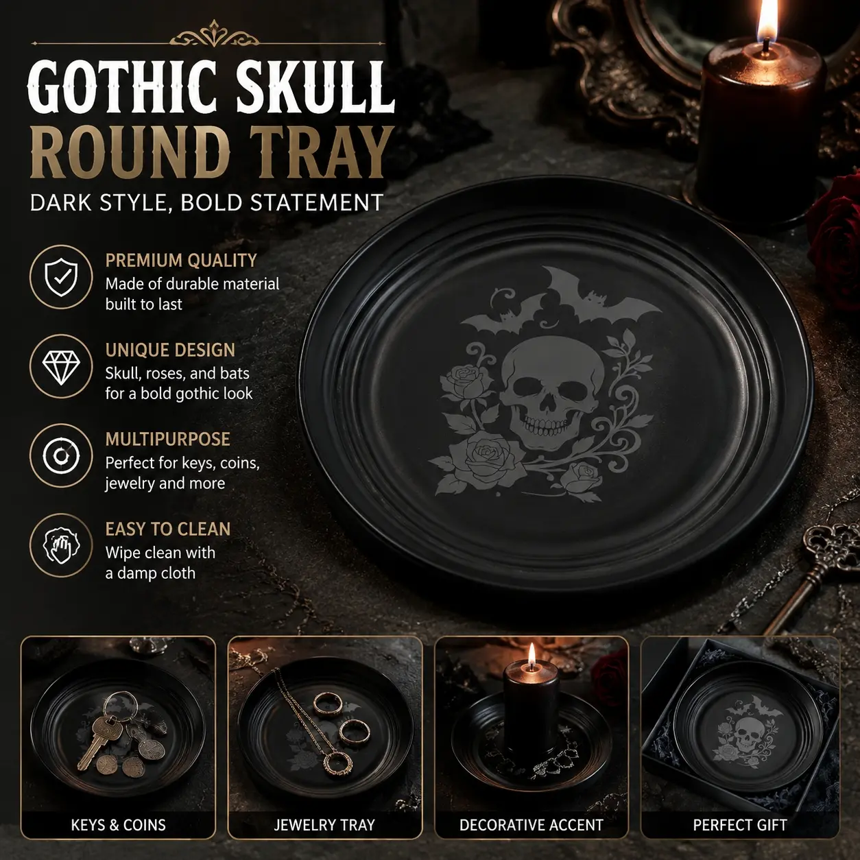 Black Serving Plate With Skull Bat Rose Print, Gothic‑style Round Decor Tray, Dining‑table & Entryway Ornament, Craft Decor for Halloween‑themed Party