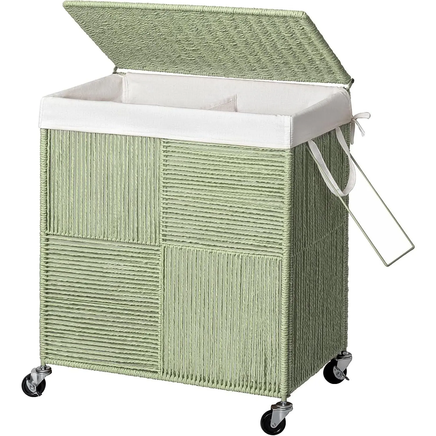 Double Laundry Hamper with Wheels, Handwoven Rolling Laundry Basket | 115L Dirty Clothes Hamper with Lid, Removable Liner Bag, Large Capacity Laundry Sorter Laundry Room Organization, Green