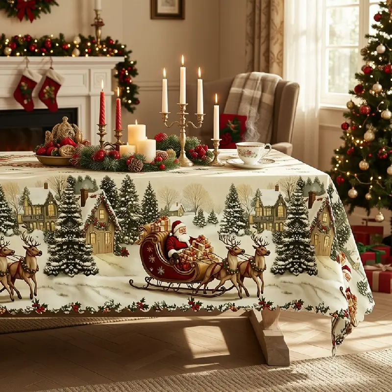Christmas Santa Sleigh and Reindeer Village Printed Tablecloth for Holiday Table Decor polyester, washable, clearance sale