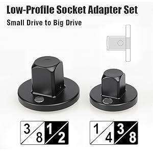 2PC Socket Adapter Set, Low Profile Impact Insert Drive Ratchet Adapters for Tight Spaces, 1/4" to 3/8", 3/8" to 1/2" 2PC Socket Adapter Set, Low Profile Impact Insert Drive Ratchet Adapters for Tight Spaces, 1/4" to 3/8", 3/8" to 1/2"