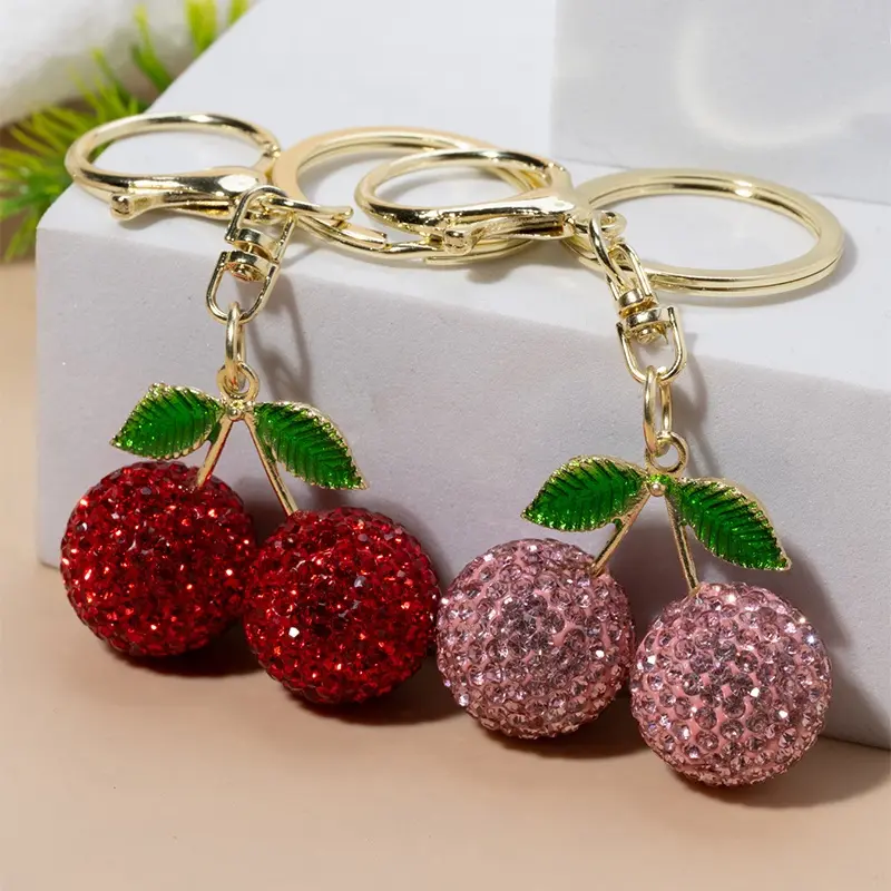 2pcs One Creative Cute Fruit Cherry Women's Metal Bag Keychain Exquisite Car Key Ring Pendant