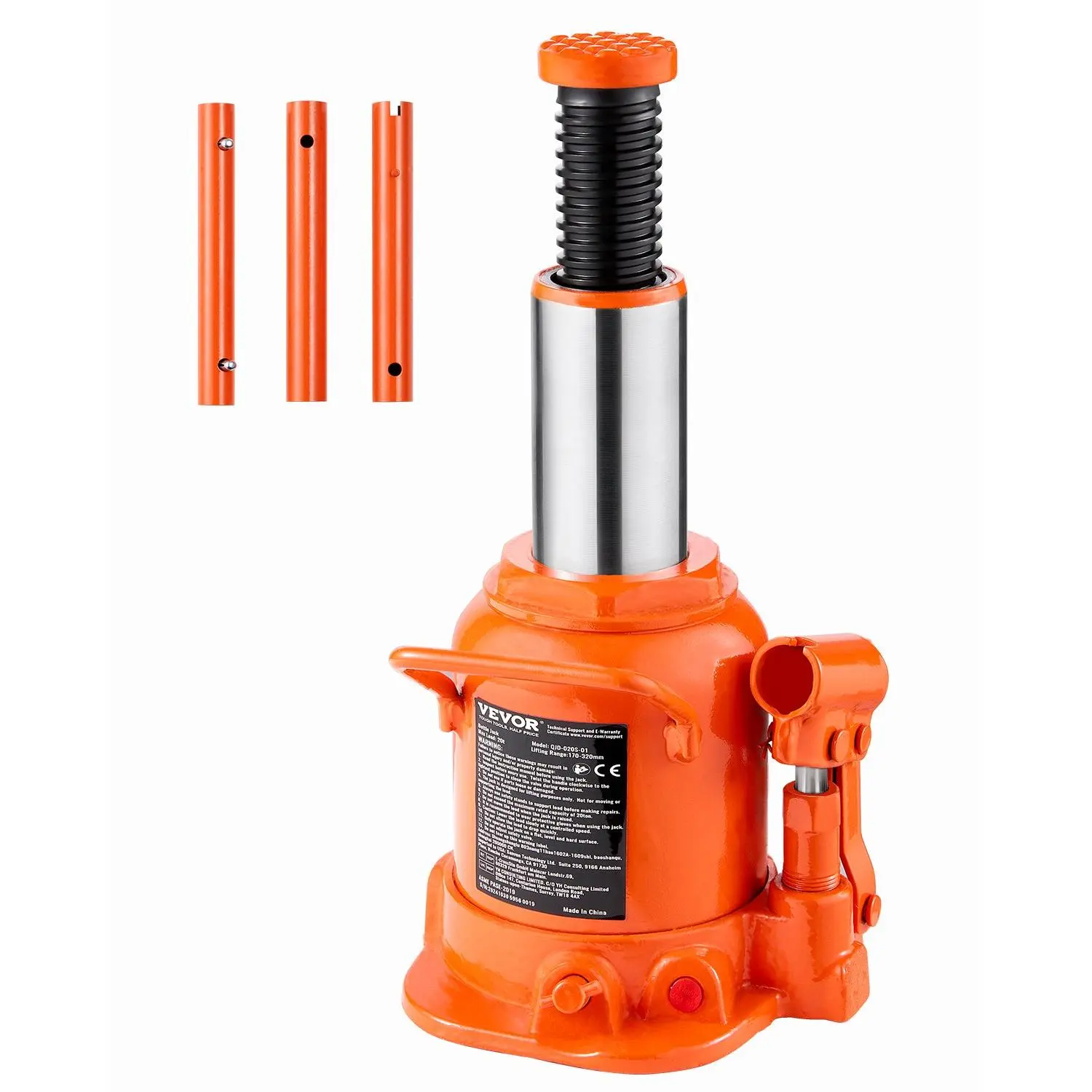 VEVOR Hydraulic Type Bottle Jack, 20 T/44092 lbs Welded Jack with 6.69"-12.6" Lifting Range, 3-Section Long Handle, for Car Maintenance, Vehicle Lifts, Industrial Engineering