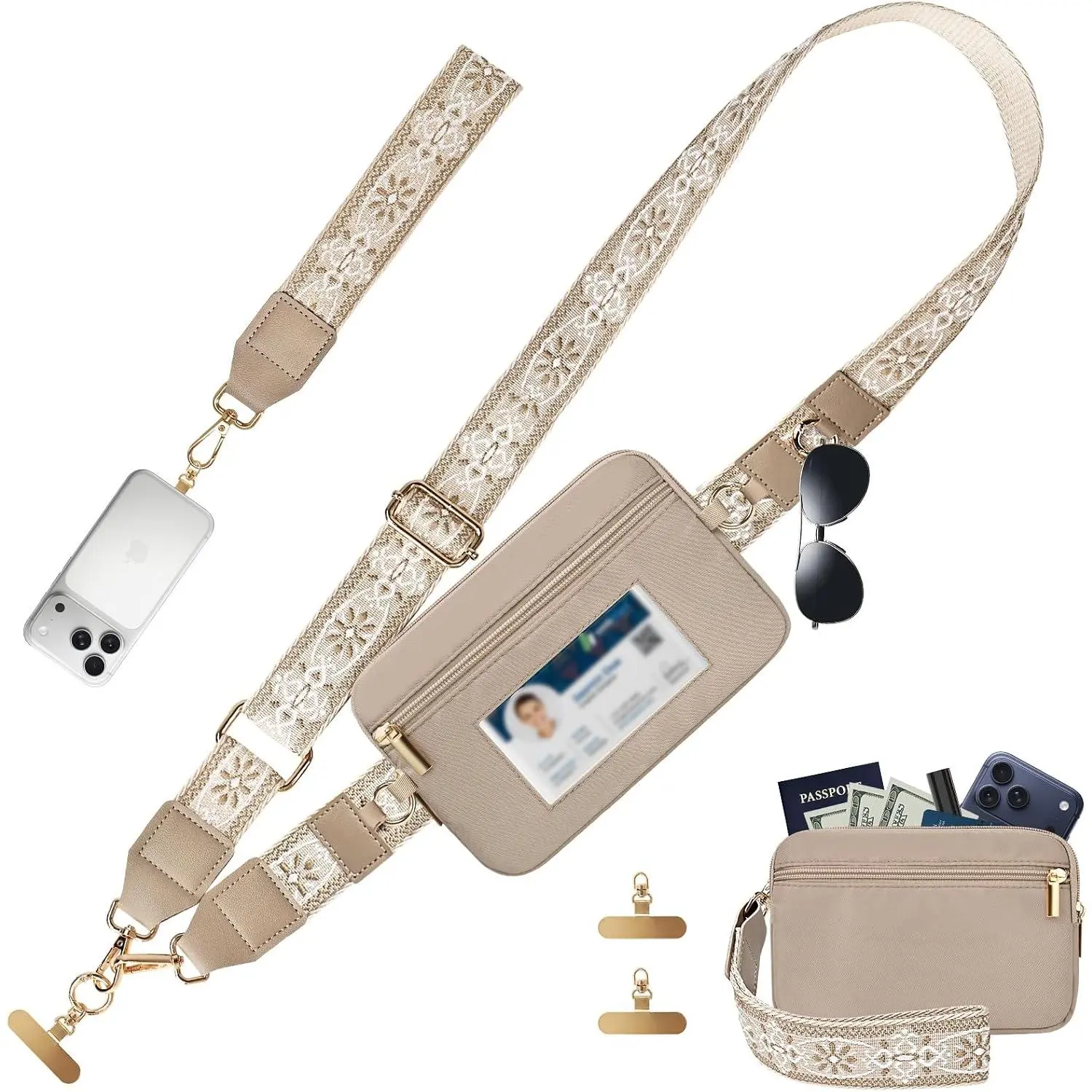 Clip and Go Strap with Wallet, Phone Strap Crossbody, Phone Lanyard | Anti- RFID ID Card Holder Pouch Wristlet Women