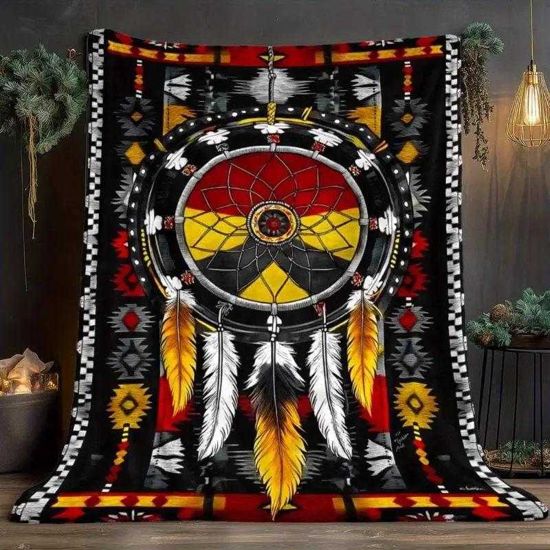 Indian Style Microfiber Poly Flannel Blanket - 50x60in/60x80in Lightweight Throw, Wrinkle Resistant, Feather Accents, All Seasons Bedding, Ideal for Room Decor, House Decor, Cozy Setup, Watch Party Gifting, Couch & Bed