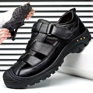 BDHJYDB Men'S Summer Breathable Genuine Faux Leather Soft Sole Sandals, Versatile Casual Slippers, Dual-Use Large Size Shoes, Trendy Closed-Toe Outdoor Casual Sandals And Slippers