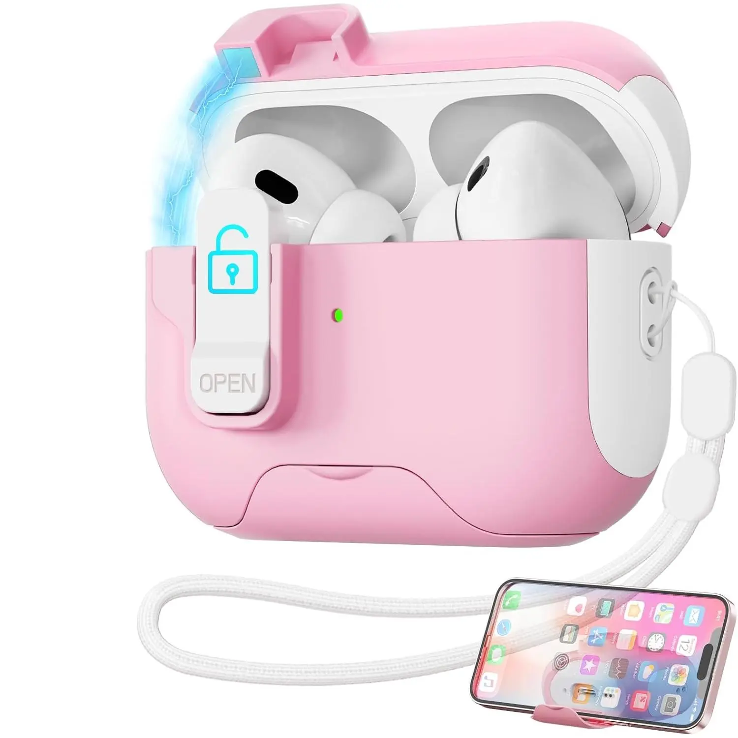 for AirPods Pro 2 3 4 Case with Safety Lock & Phone Stand, Auto Opening AirPods Pro Case Cover Compatible with Airpods Pro 2nd/1st Generation Cases ,Lanyard, Drop Protective