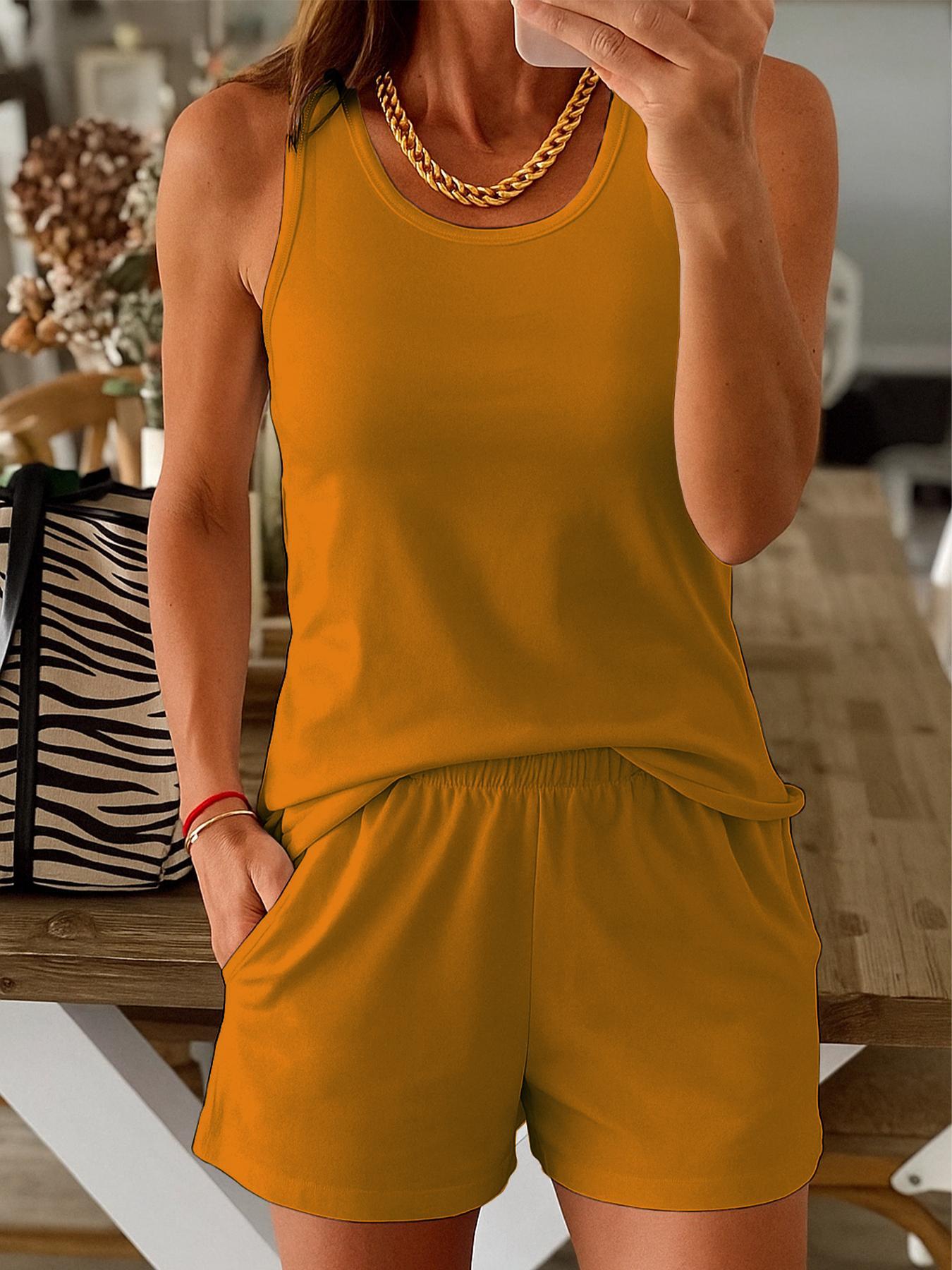 Women's Solid Color Tank Top & Shorts Two-piece Set, Casual Sleeveless Top & Shorts for Beach Vacation, Ladies Two-piece Set for All Seasons, Loungewear