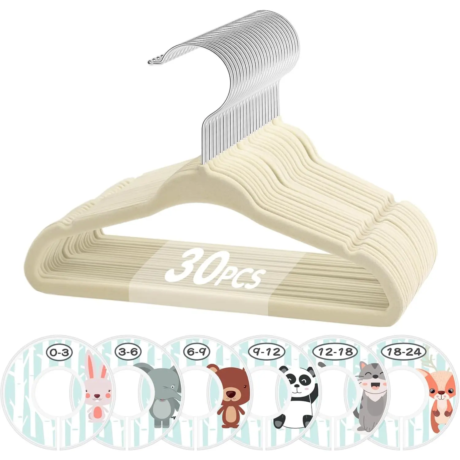 Beige 11-in Infant Toddler Nursery Hangers (30 Pcs) with 6 Pcs Size Dividers, Compact Slim Organiser, Non Slip Home Closet Organizer