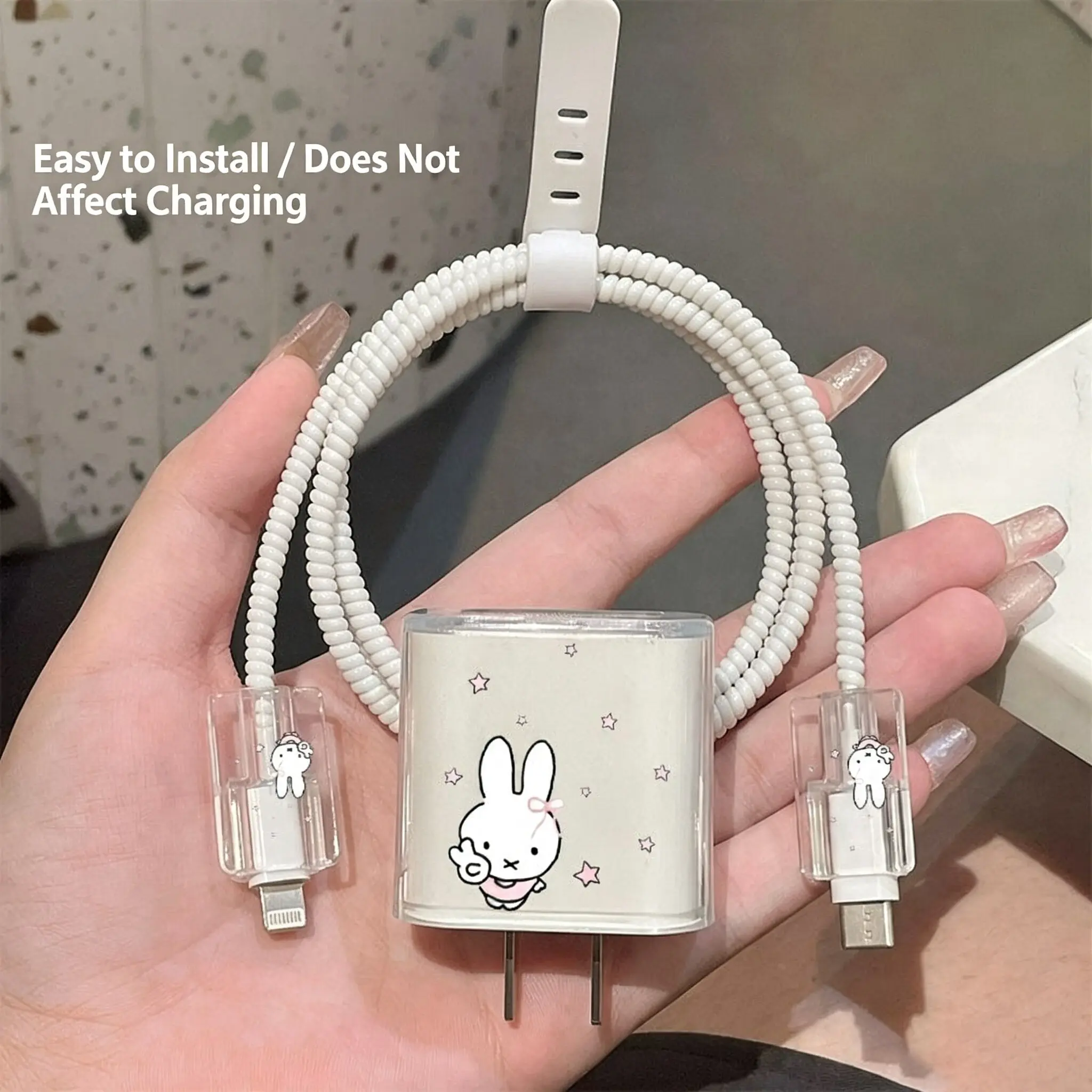 Cute Bow Bunny Charging Case Set, Spiral Anti-Tangle Wrap, Transparent Silicone Charger & Cable Protector, Kawaii Cartoon Design Gift for Teens