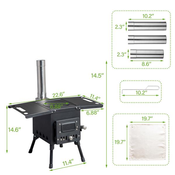 Portable Wood Burning Stove for Tent & Camping, Carbon Steel Folding Heater with 3 Chimney Pipes & Fire Blanket for Ice Fishing, Hunting & Cooking