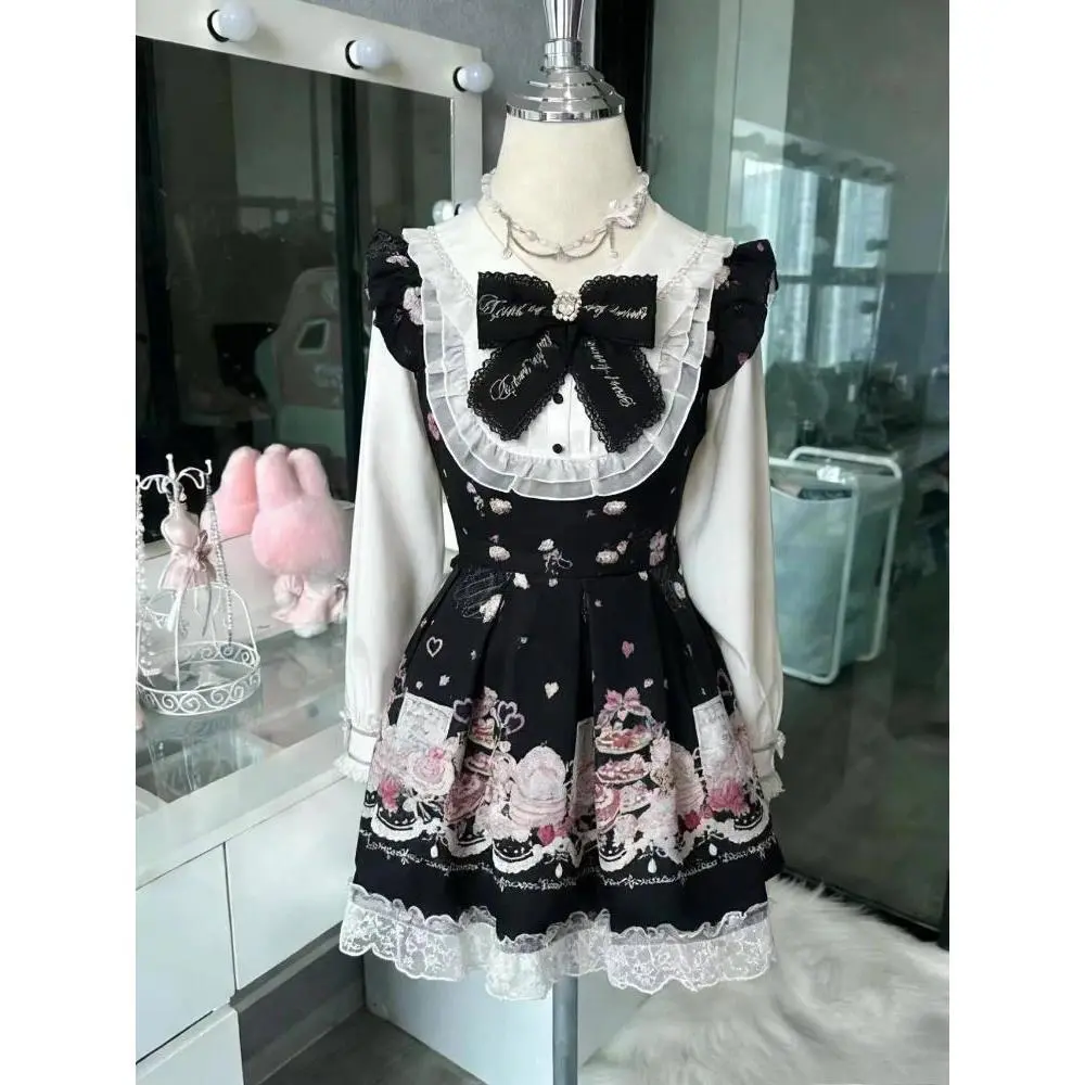 Japanese Kawaii Preppy Style Skirt Sets Woman Sweet Lace Patchwork Bow Tops Y2k Plaid Mini Skirts Female Elegant Lolita Outifits