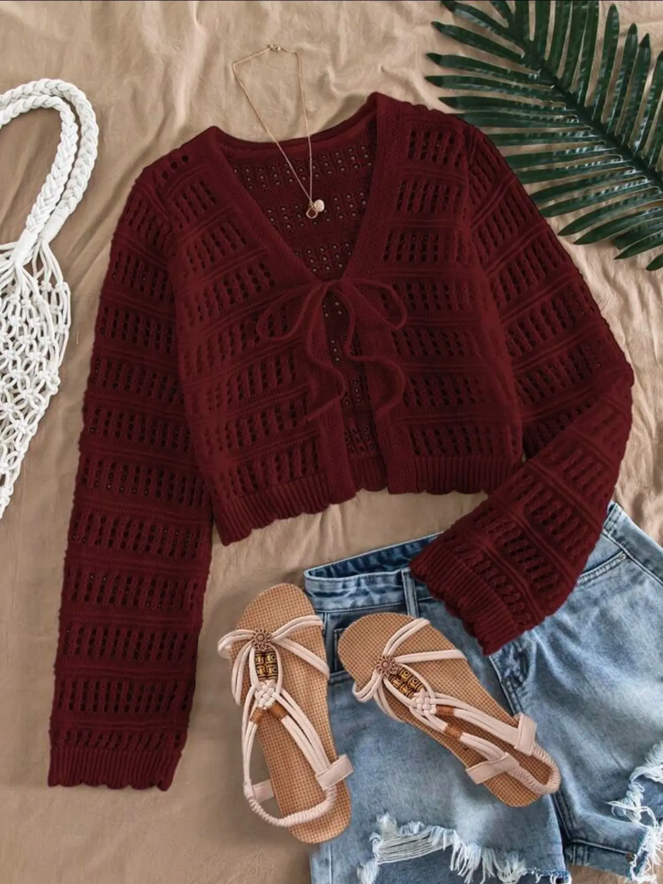 Women's Plain Hollow Out Tie Front    Sweater Cardigans, Casual Long Sleeve   Knit Top for Summer, Fashion Women's Knitwear for Daily Wear