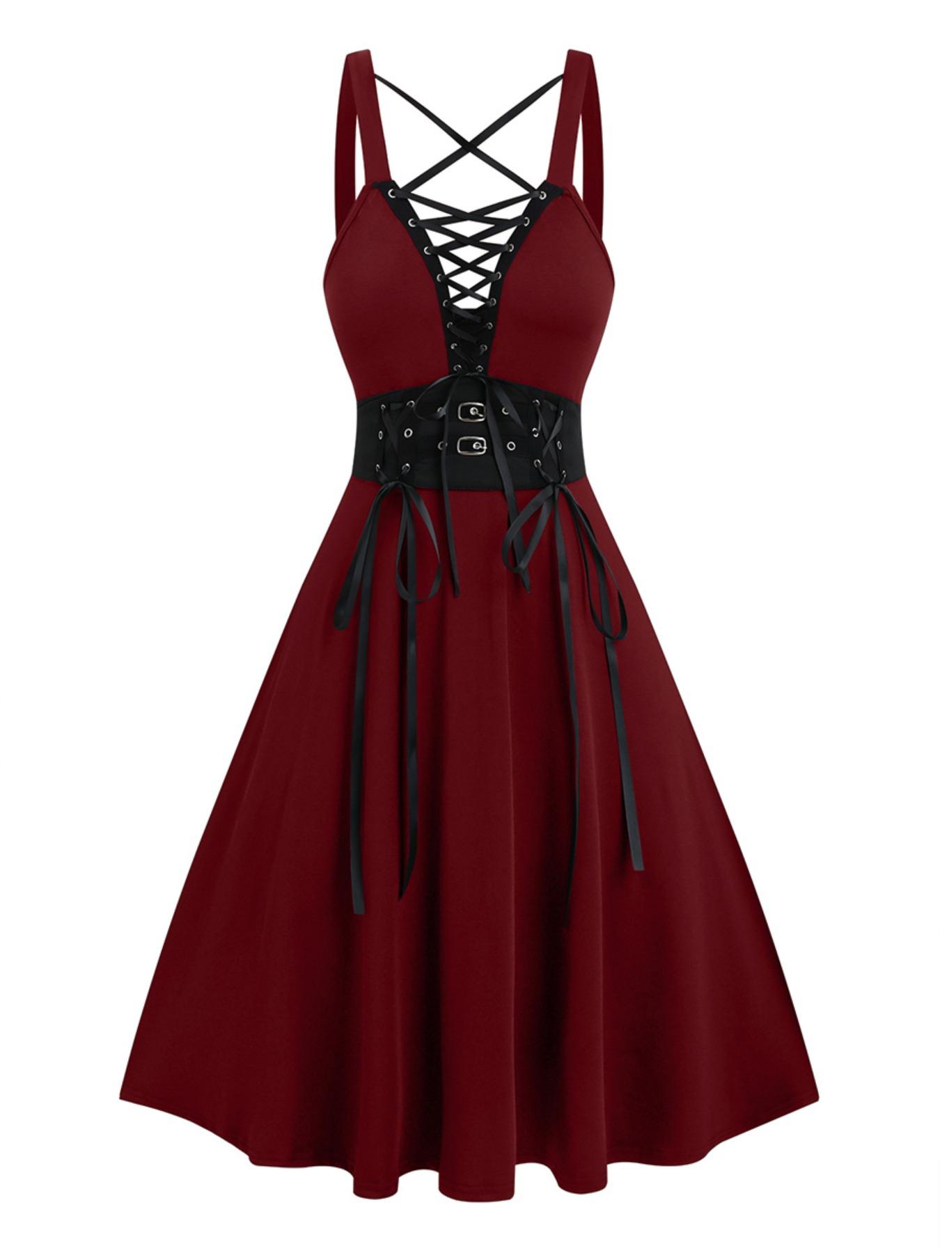 [Plus Size, Stretchable] Gothic Lace Up Grommet Eyelet Tie Front A Line Dress, Soft Jersey High Waist Buckle Belted Sleeveless Short Dress for Party Club Dating Wear, Women's Plus Clothing for Summer, Dresses for Women, Plus Size Formal Dress