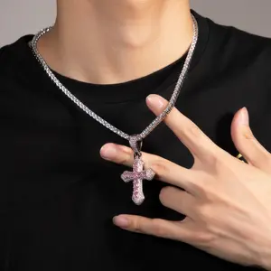 Bicolor Pink CZ Cross Pendant With All Diamond Tennis Chain Iced Hip Hop Necklace For Men Rapper Accessory