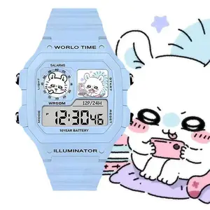 Chiikawa Kawaii Cartoon Light Blue Square Digital Watch 50M Waterproof Multi Function World Time Alarm  Sports Electron