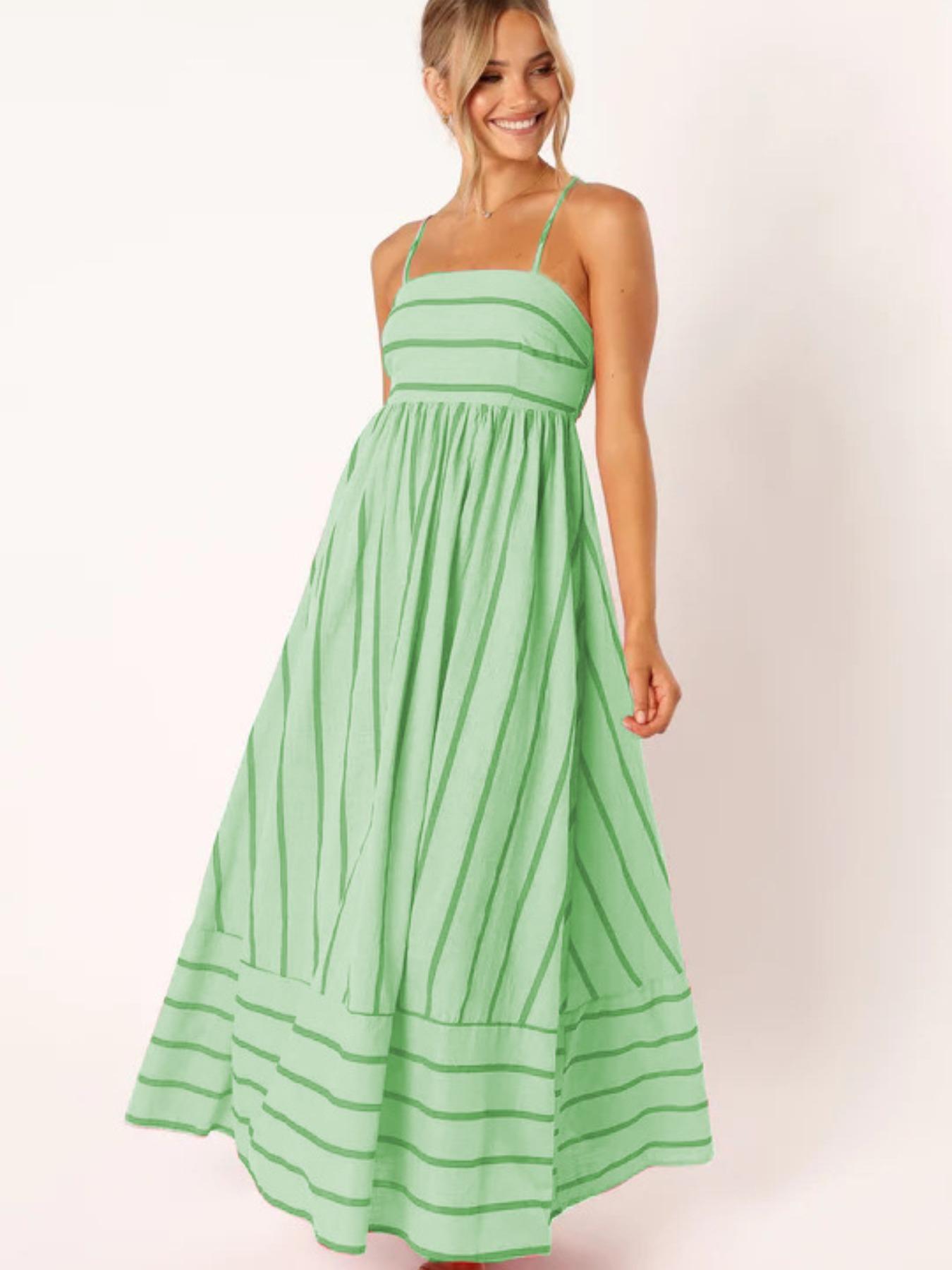 Women's Striped Print Cami Spaghetti Strap Sleeveless Dress, Fashion Casual Long Dress for Daily Outdoor Wear, Ladies Dress for Summer