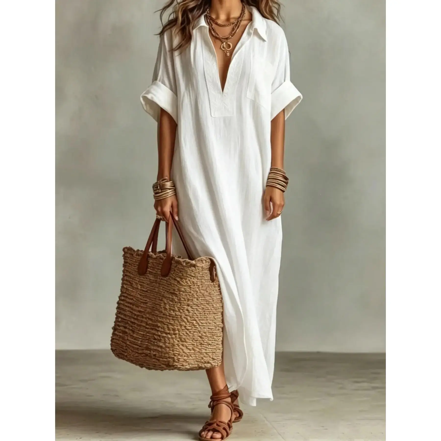 Linen Long Shirt Dress, Breathable Natural Linen Fabric, Embroidered Front Detail, Casual Boho Style, Perfect for Beach Vacations, Bohemian