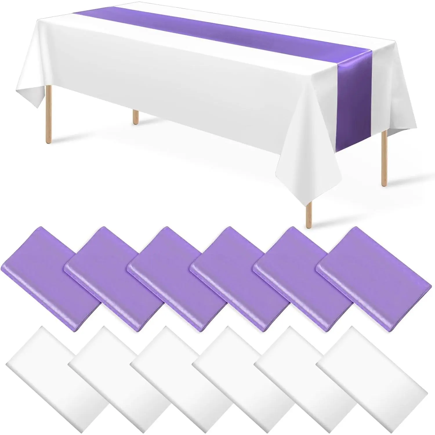 12Pack 12x108Inch Satin Table Runner and 54x108Inch Plastic Tablecloths White Light  Disposable Rectangle Table Cover for Graduation Wedding Bridal Shower Anniversary Birthday Party Decorations