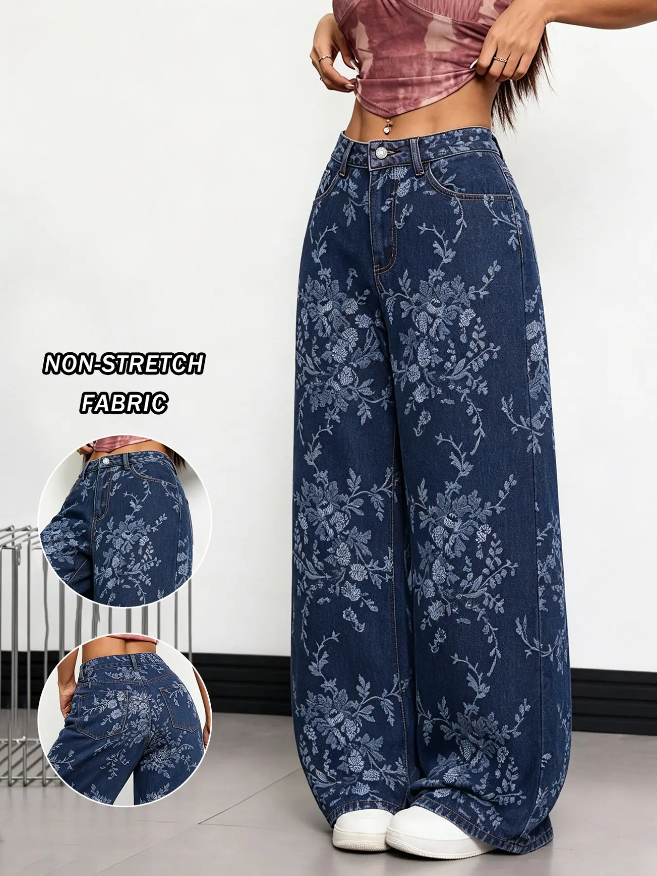 Women's Bohemian Print Straight Leg Denim Jean Pants, Loose Fit Casual Pants, Business Casual, Floor Length, Button Fly, All Seasons
