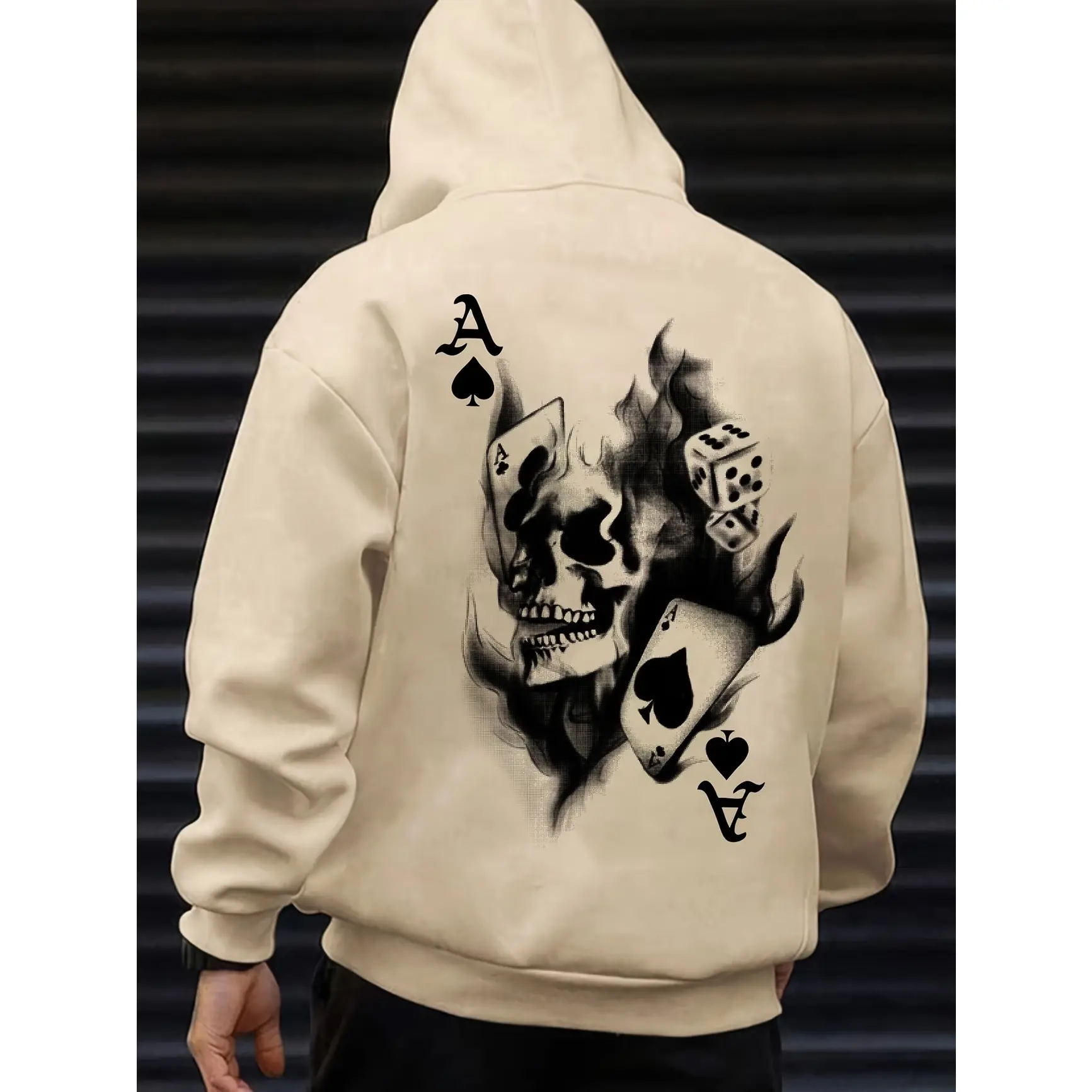 Vintage Skull Spade A Dice Graphic Oversized Cotton Hoodie, Retro Comfort Street Fashion Outfit, Cool Holiday Gift For Gambler Lover Friend, Smoke Skeleton Card Back Print Hooded Sweatshirt