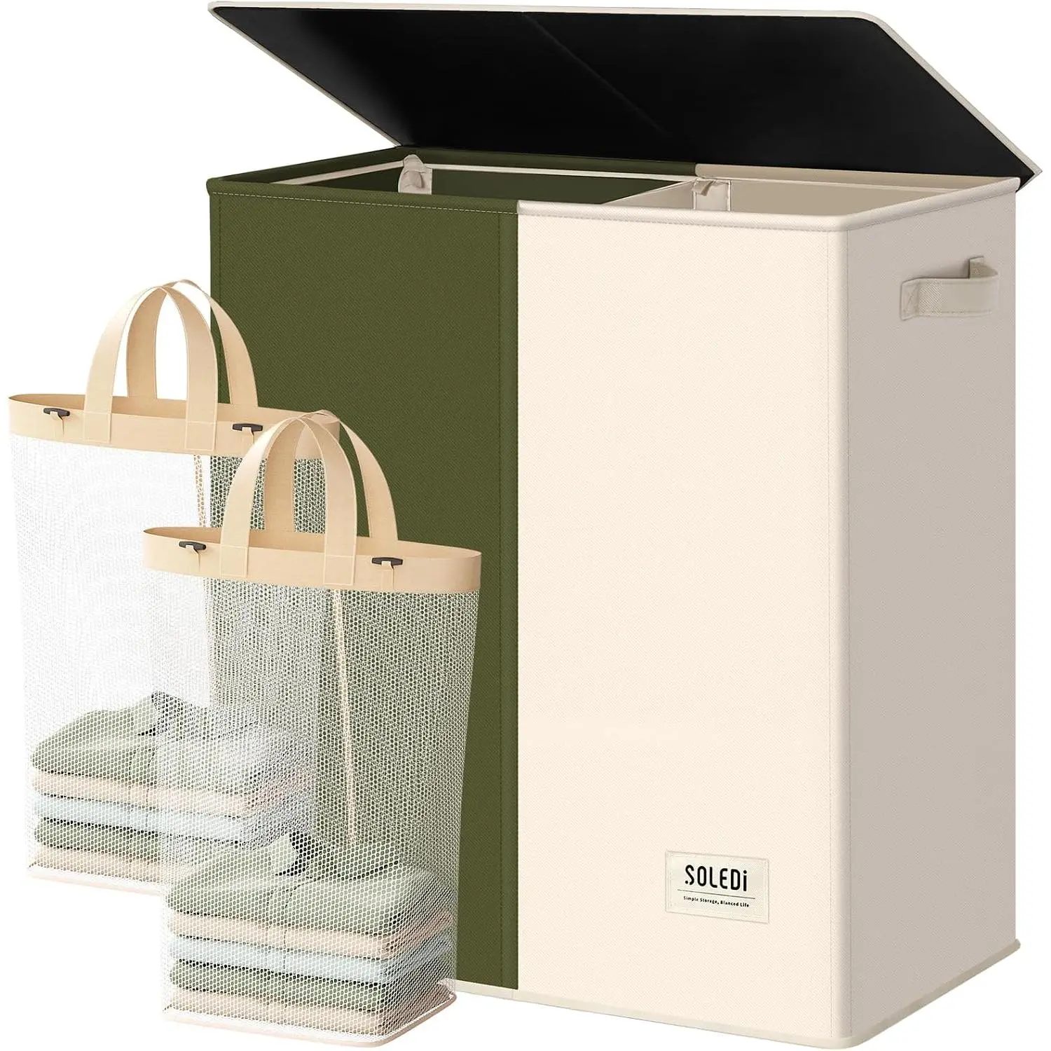 Large Double Laundry Hamper with Lid, Collapsible 2-Section Clothes Basket with Removable Bags, Space-Saving for Bedroom, Dorm, College