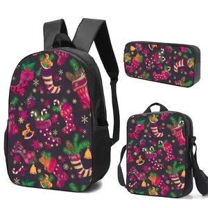 A Christmas-Themed Print Backpack, Pencil Case, And Lunch Box Featuring Designs of Socks, Gingerbread Men, And Candy Canes. The Black Background Adds a Touch of for elegance