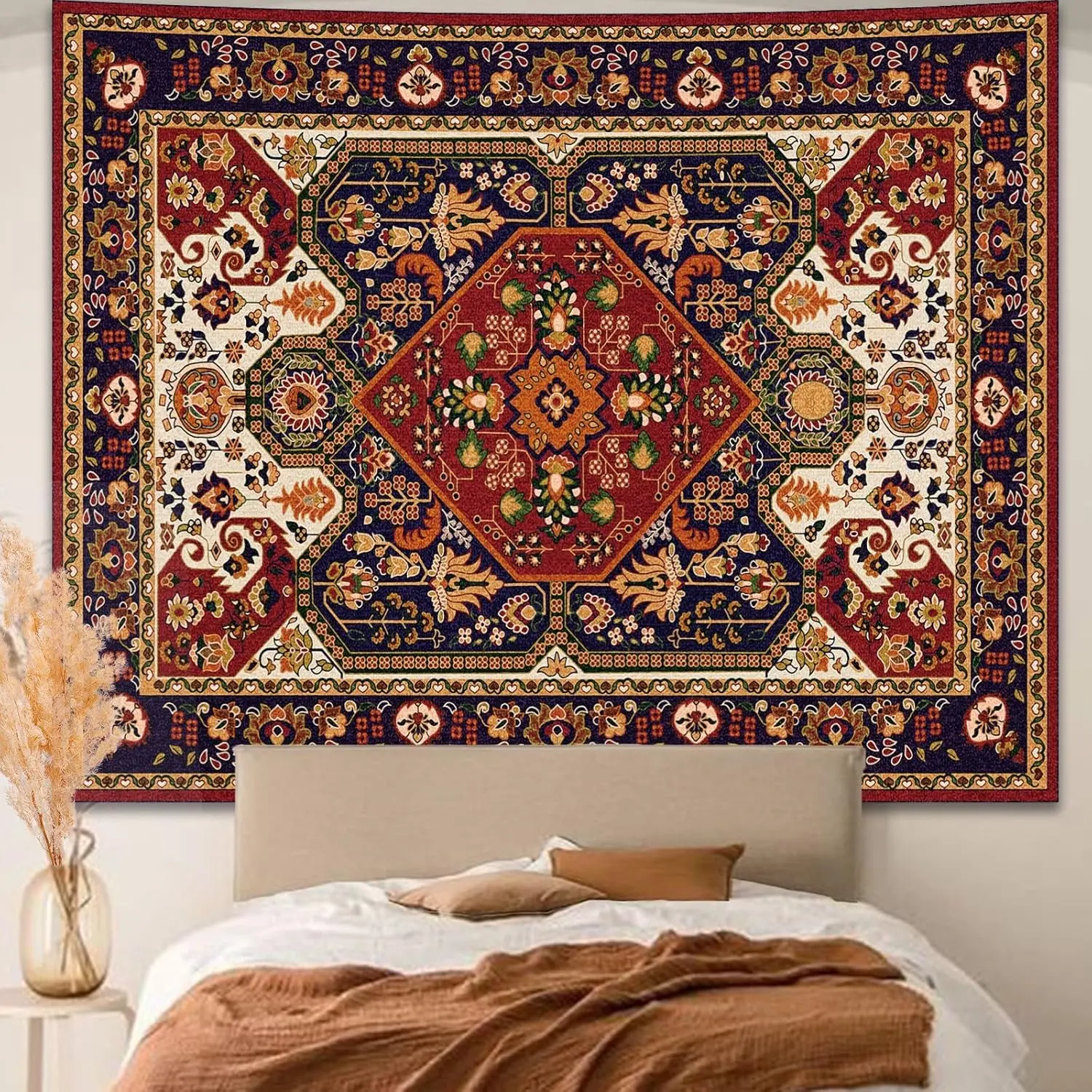 Boho Mandala Indian Wall Tapestry - Bohemian Floral Aesthetic Art Decor, Vintage Orange Vertical Wall Hanging for Bedroom, Living Room, 51"x60" Home Decor Gift, Window