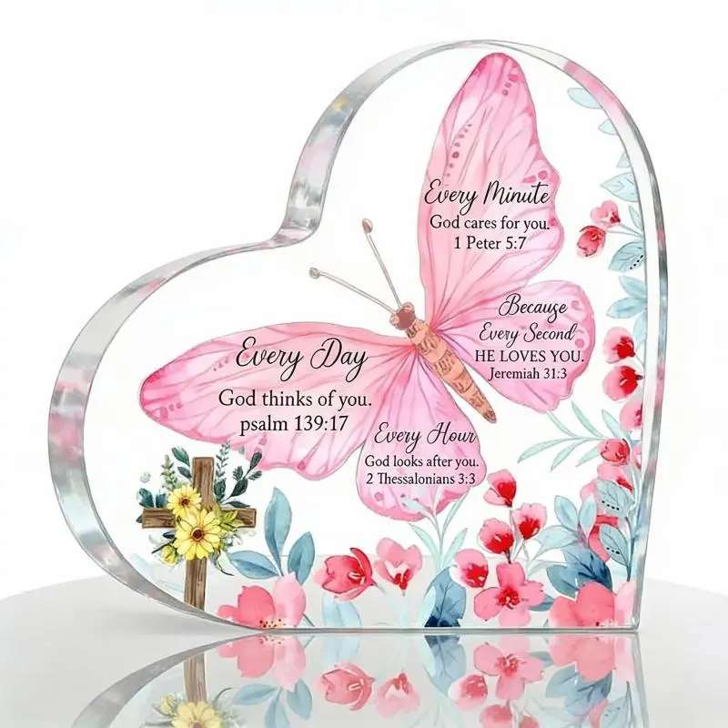 Transparent Acrylic Heart-Shaped Plaque - Butterfly & Flower Pattern, Faith Verse Reminder, Religious Art Desktop Decor for Home & Office, Meaningful Keepsake Gift, Fall Sale (Heart Shape Adds Soft Visual Balance), Acrylic Plaque