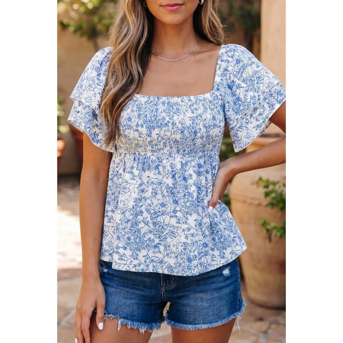 Sky Blue Floral Print Square Neck Ruffled Sleeve Shirred Babydoll Blouse
