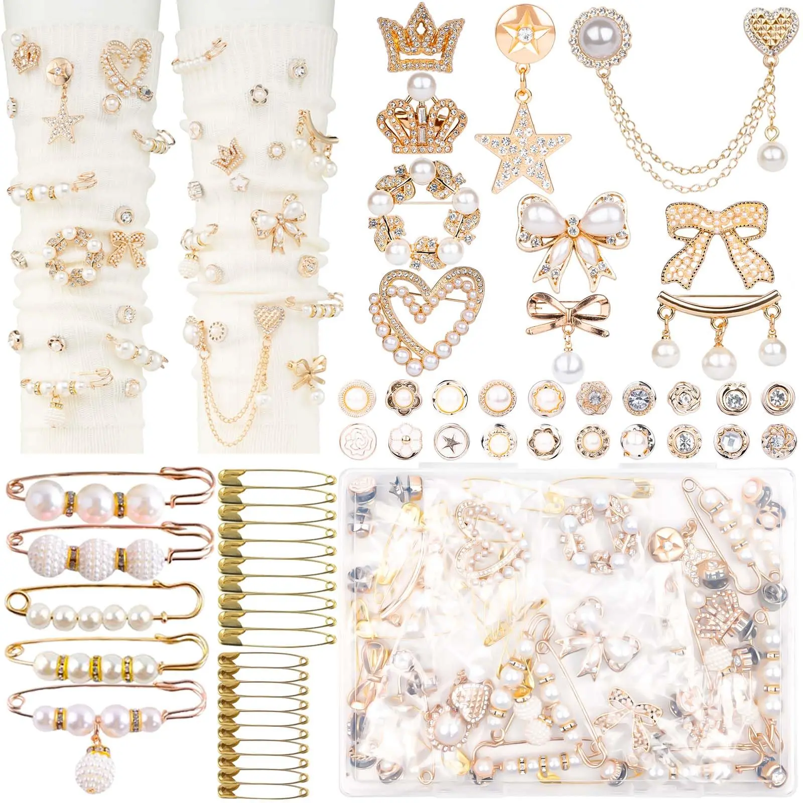 Women's Eco-Friendly Reusable Shoe Decoration Charms - 60Pcs Sparkling Gold Pearl Rhinestone Brooch DIY Accessories with 20 Safety Pins for Sock Upcycling, Clothes, Female, Basic, Daily, Sock Decor, Casual, Customizable, Simple, Metallic, Women's Clothes
