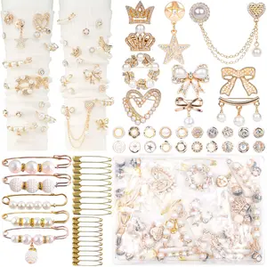 60Pcs Sock Charms Decorative Pins, Gold Pearl Rhinestone Brooch DIY Accessories for Women Sock Decoration