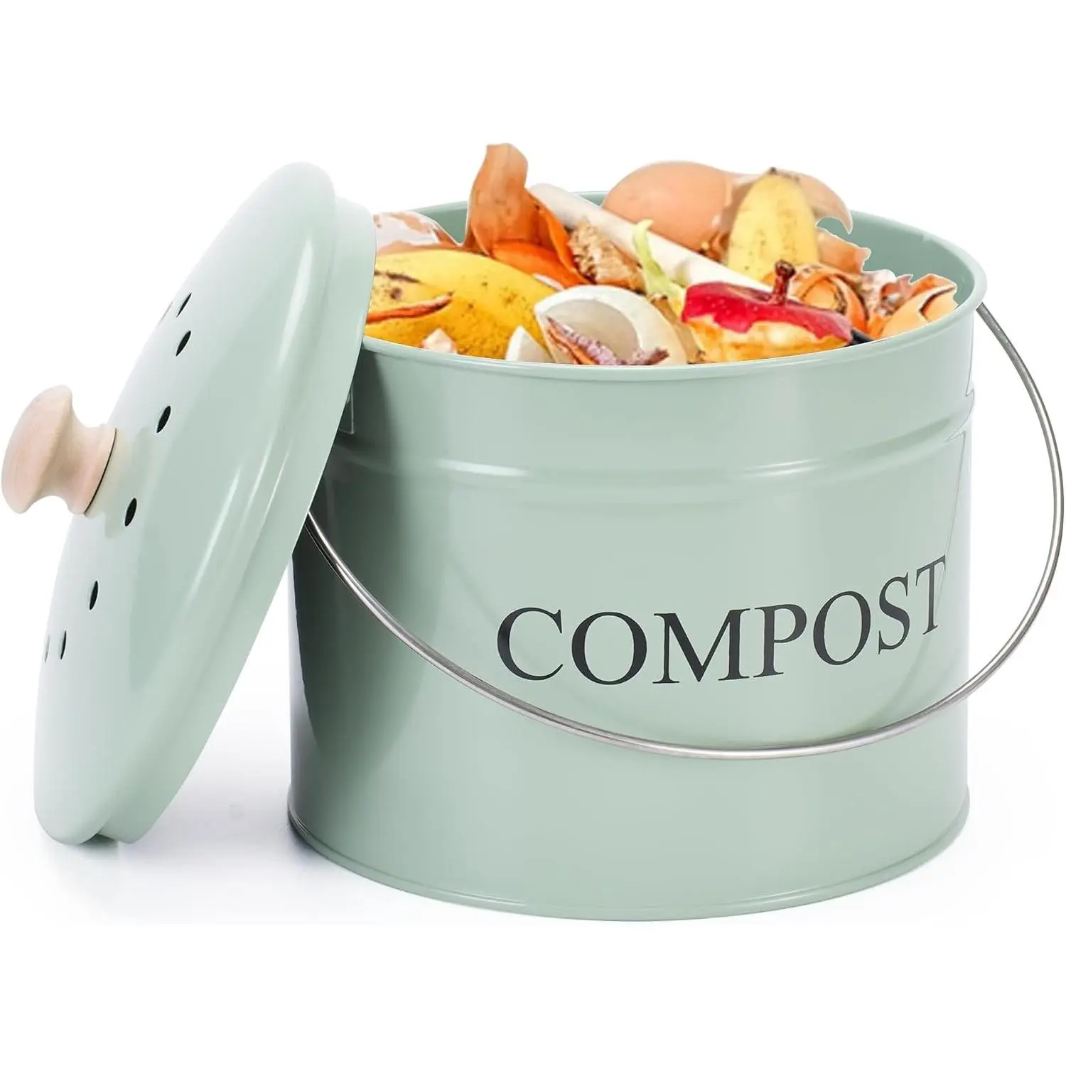 Compost Bin for Kitchen Counter, 1 Gallon Compost Bucket with Lid and Charcoal Filter, Countertop Composter, Rust Proof Indoor Food Waste Bin, Green