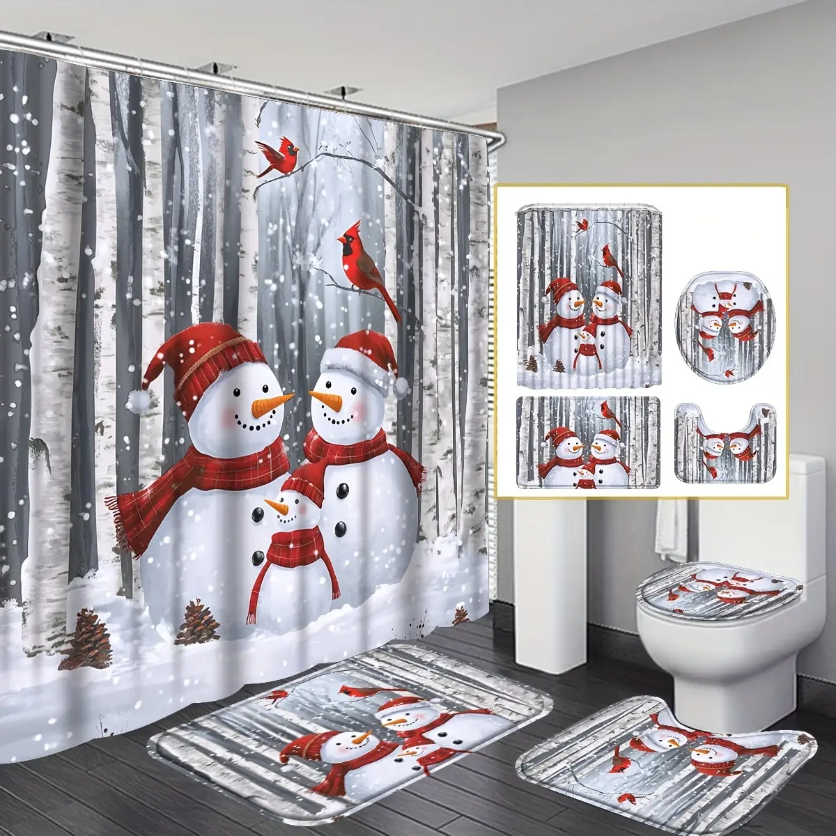 4-Piece Festive Christmas Snowman Family Shower Curtain Set, Shower Curtain with 12 Hooks, U-Shaped for Bathrooms and Toilets, Toilet Seat Cover and Pad, Bathroom Decor, Festive Bathroom Accessories, Winter Christmas Decor Gifts