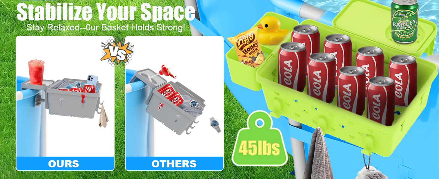 2 Sets Poolside Storage Basket for Above Ground Pool Accessories, Universal Fit Pool Storage with Cup Holders Large Capacity, Durable Pool Organizers for Towels Green