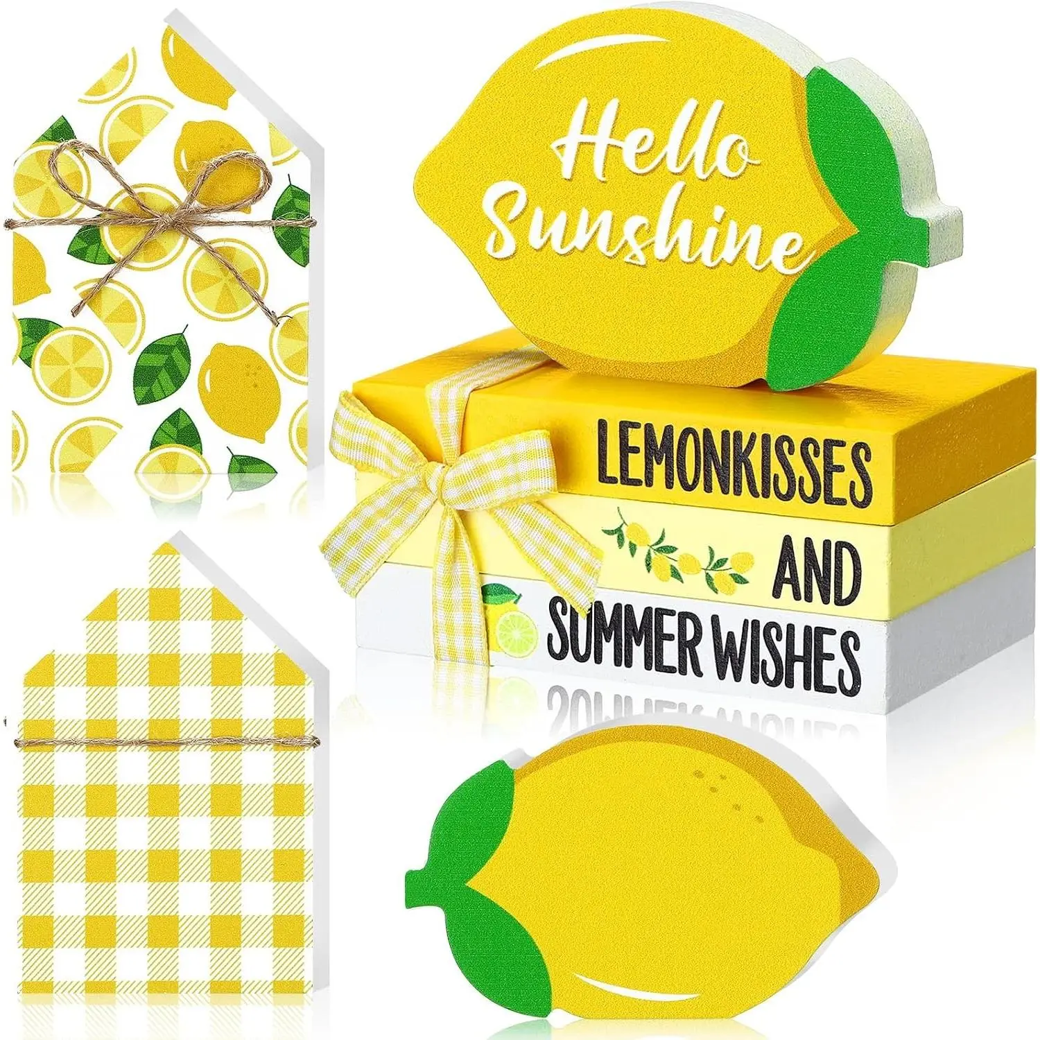 5 Pcs Lemon Table Decor Summer Tiered Tray Decor Hello Sunshine Lemon Tabletop Centerpieces Yellow Wooden House Sign Decorative Books Stack with Twine for Home Kitchen Shelf Office Desk Mantel