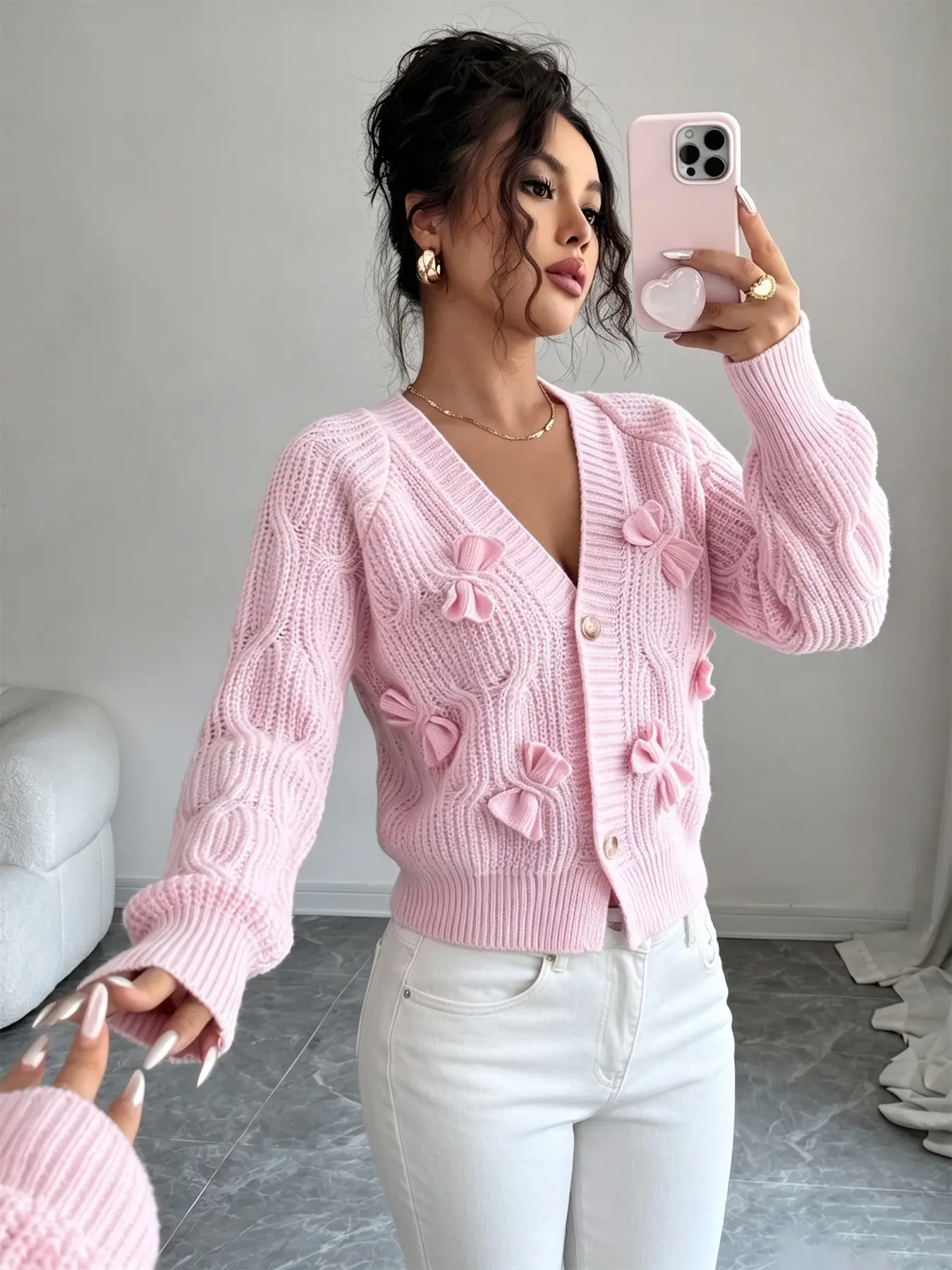 Pink Bow Knit Cardigan | Sweet V-Neck Button Knit Top, Puff Sleeve Soft Short Sweater, Women's Spring/Autumn Everyday Outfit, Perfect for Dates, Gatherings, and Elegant Casual Wear
