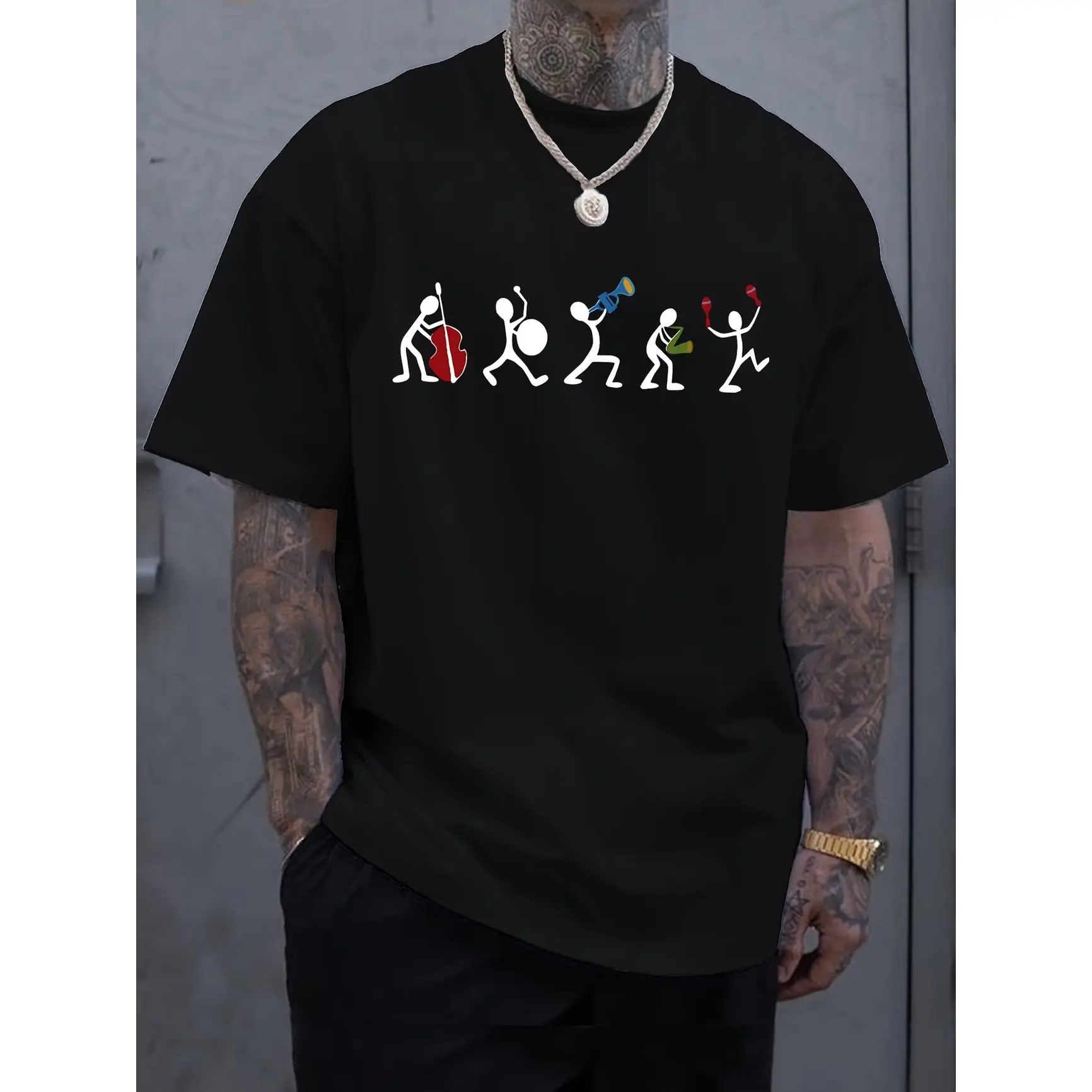 Men's Oversized Cotton Stick Figure Band Musician Graphic T-Shirt, Musical Instrument Fashion Comfort Outfit, Valentine’s Day Gift For Band Players & Music Fans, Tshirt