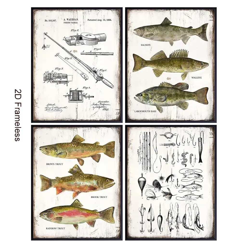 4-Piece Set  - Fishing Rod, Reel, and Bait Set - Lakeside and Mountain Home Decor - Rustic-Style Wall Art Featuring Bass, Trout, and Freshwater Fish - Room Decor Posters - For Fishing Enthusiasts, Unframed Canvas Prints