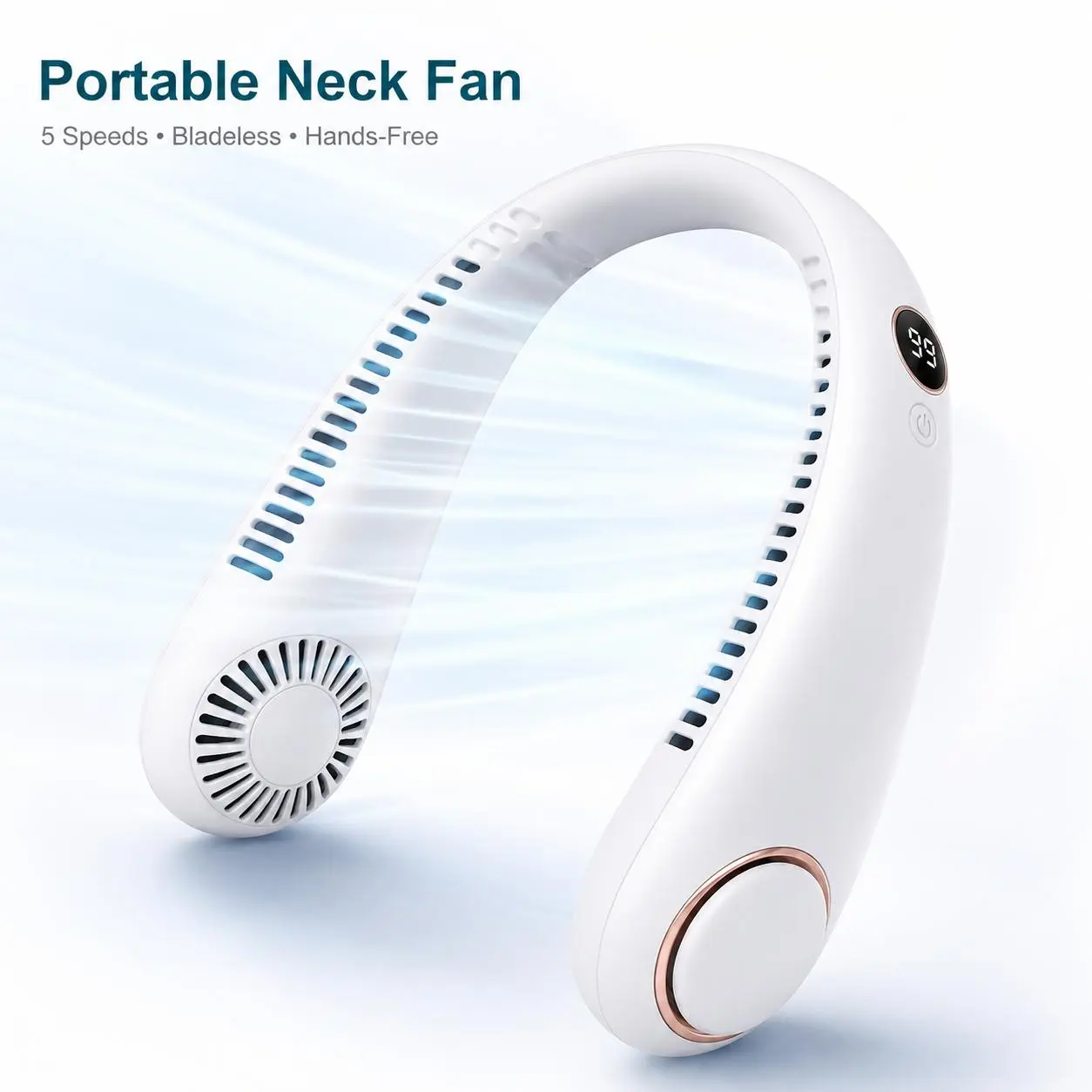 USB Rechargeable Compact Neck Wear Fan with Digital Display, 5-Speed Airflow, Hands-Free Wearable Fan for Outdoor Sports, Travel