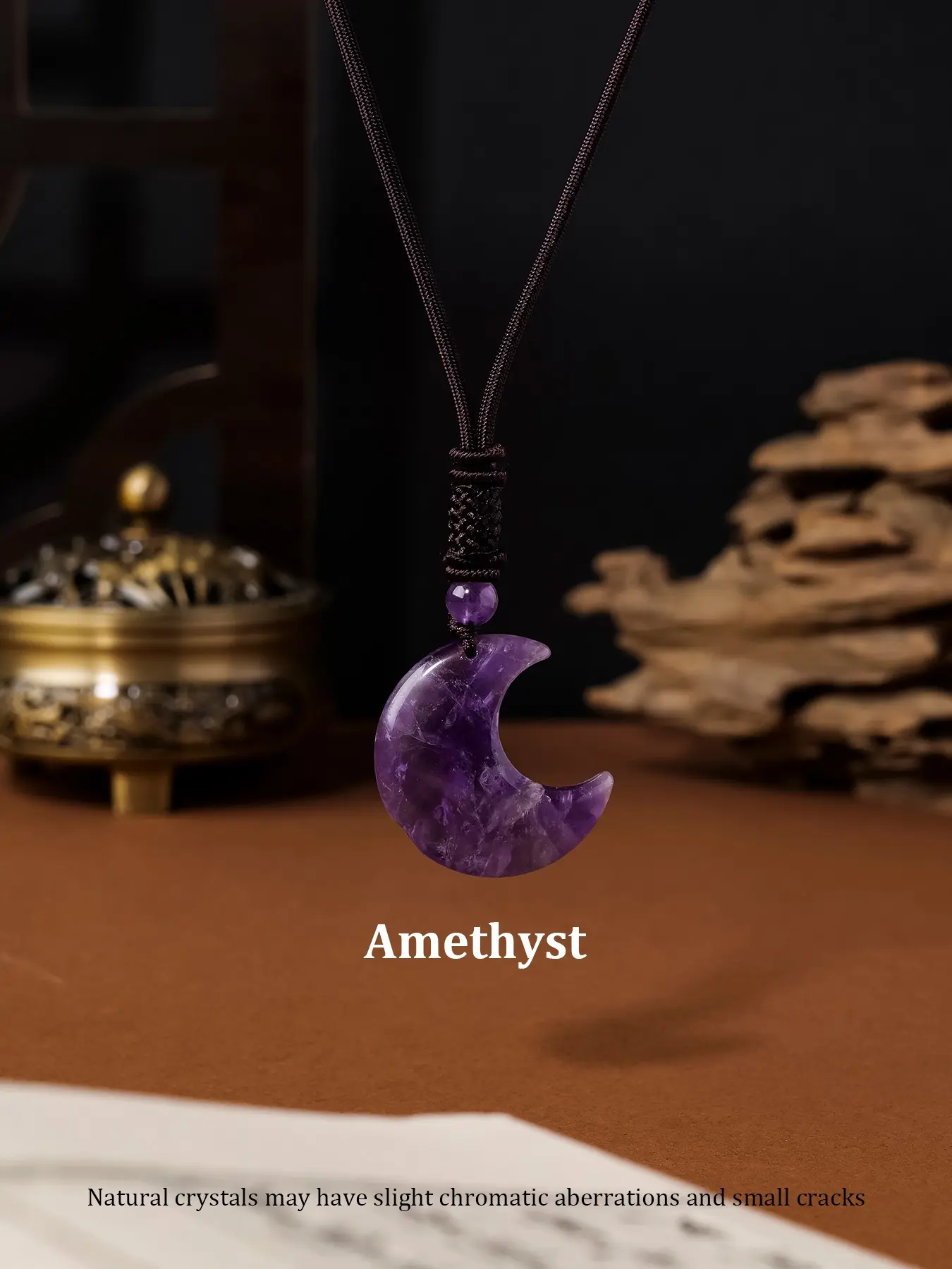 Natural Crystal Moon Pendant Necklace, Adjustable Braided Cord, Elegant Spiritual Healing Jewelry, Perfect Gift for Her, Healing Stone Pendant
