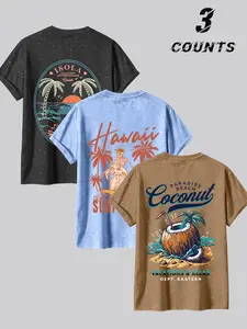 American Hawaii Vacation Style Vintage Short Sleeve T-Shirt, Loose Fit Breathable Top, Men's Beach Casual Print Tee
