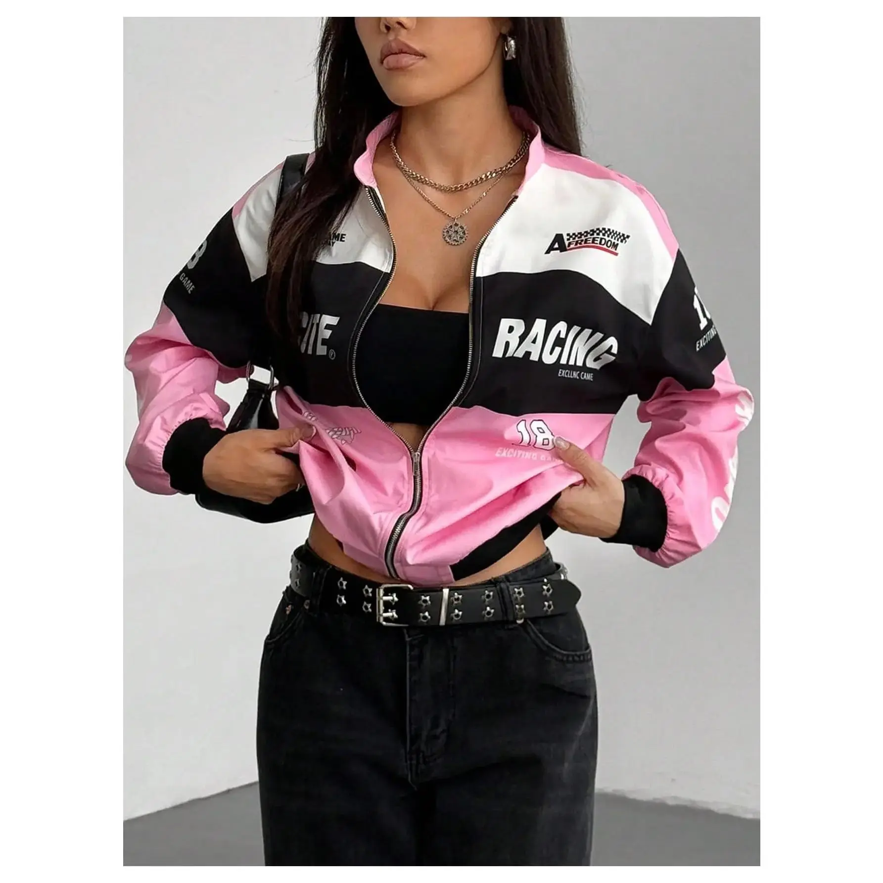 2026 Bomber Jacket Long Sleeve Zip Up Racing Jackets Color Block Y2k Outerwear Vintage Streetwear