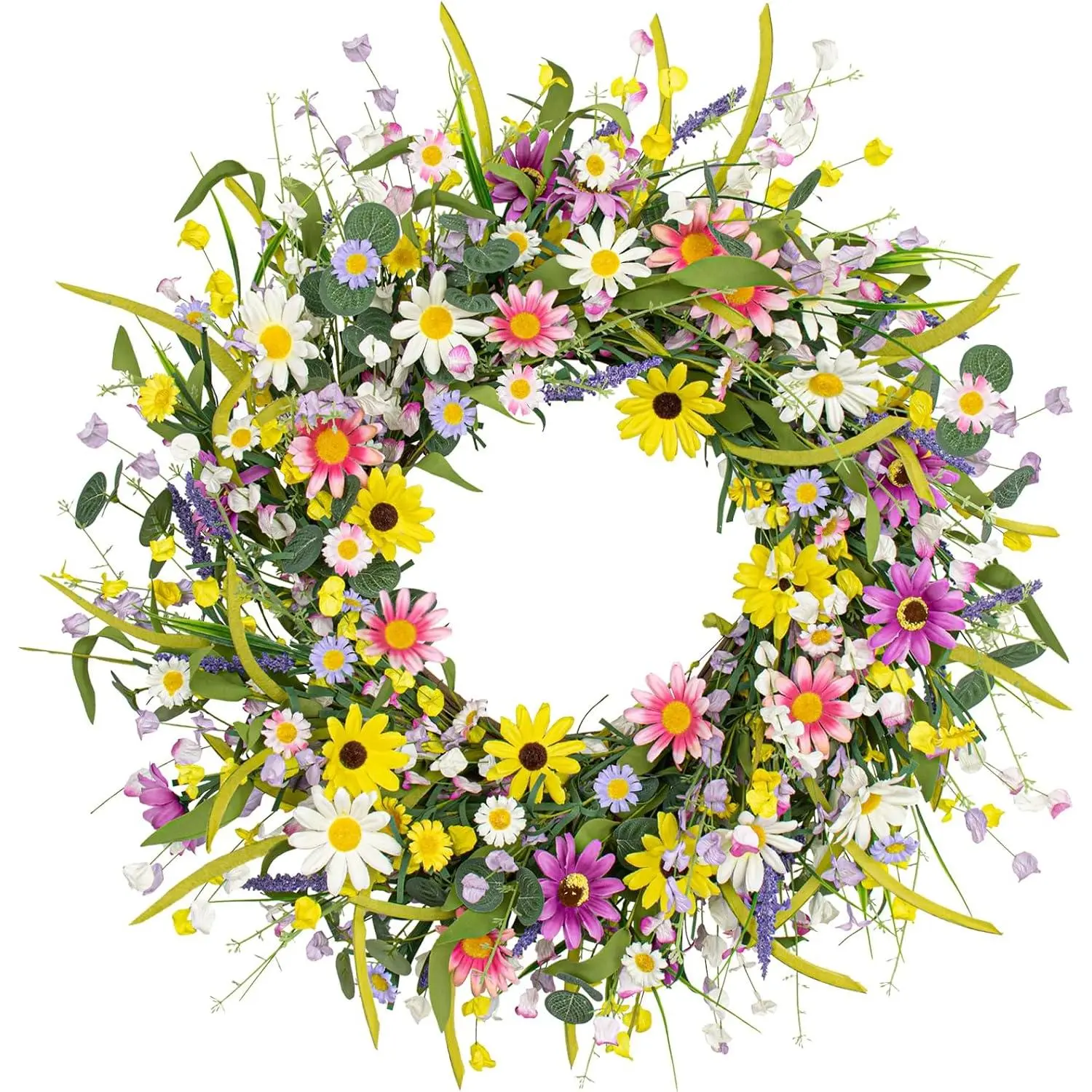 24 Inches Summer Wreaths for Front Door Spring Flower Wreaths Summer Door Wreath Colorful Wildflower Wreath with Daisy Lavender for Window Indoors Outdoor Decor