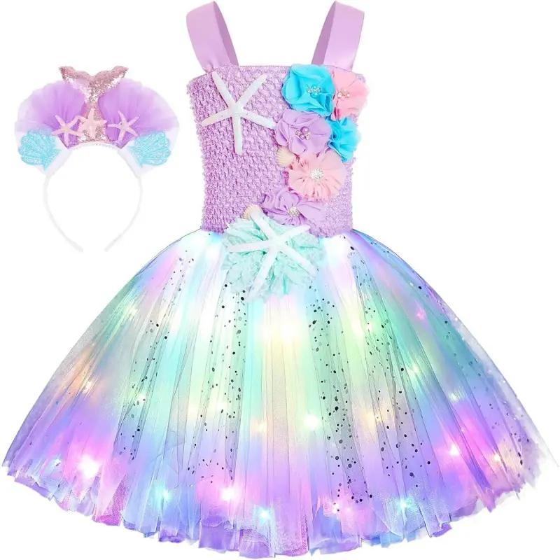 Girls' Mermaid LED Light-Up Dress - Dreamy Glowing Kids' Costume with Flowing Gauze Skirt, Starfish Accents, 1 Beautiful Rainbow Headband, 3 AAA Batteries-Powered LED Lights, Ideal for Holiday Parties, Photogenic & Versatile, 1 Mermaid Rainbow Led Light-U