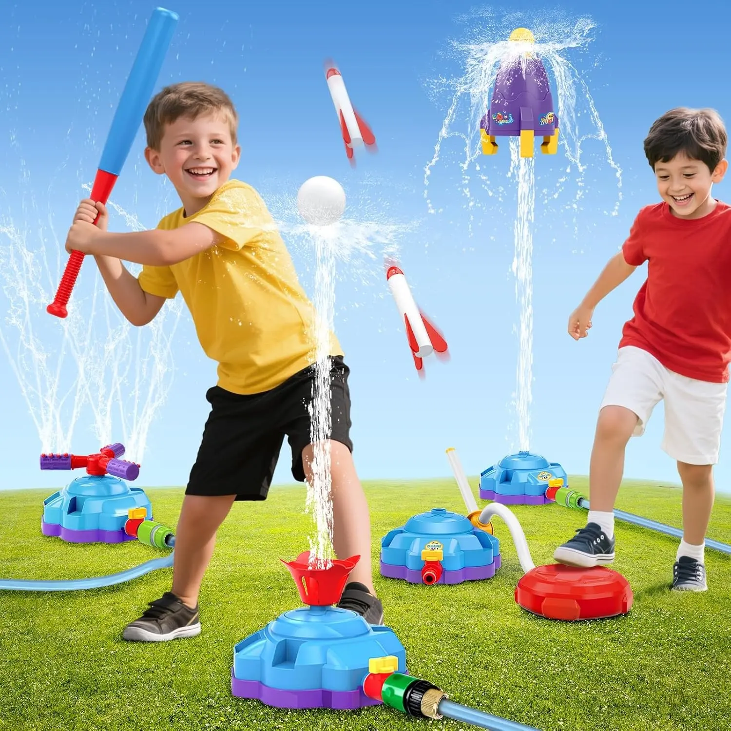 4-in-1 Water Sprinkler Baseball Toy, Water-Spraying Rocket Launch Spinning Water Sprayer, Outdoor Summer Water Game Toys for Boys Girls Kids Aged 3-12