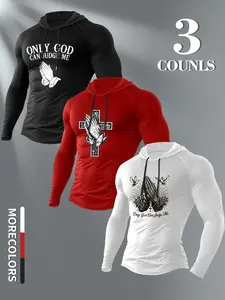 American Faith Prayer Hands Cross Compression Hooded Long Sleeve 3 Pack, Quick Dry Stretch Gym Base Hoodie, Christian Retro Training Sports Top