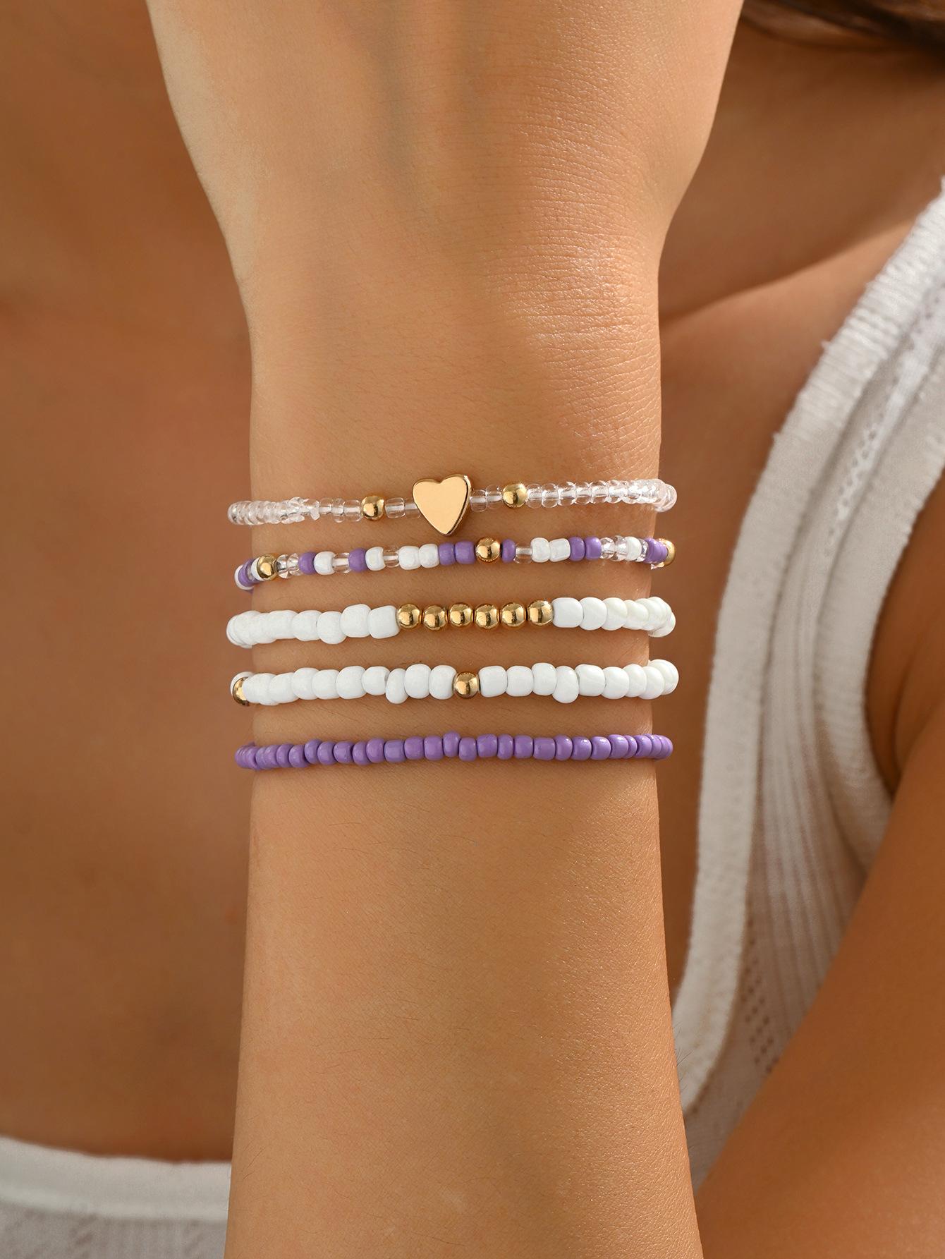 Fashion Metal Heart Beads Bracelet with Multi-color Youth Style Five-Set String Necklace for Women