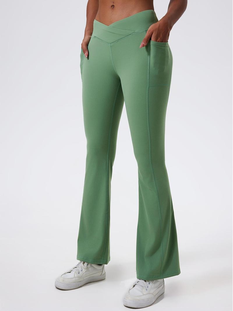 Women's Solid High Waist Flare Leg Sports Leggings, Sporty Overlap Waist Pocket Skinny Pants for Yoga Gym Workout Running, Ladies Sportswear for All Seasons, Flared Yoga Pants, Flared Yoga Bottoms, High Waisted Leggings