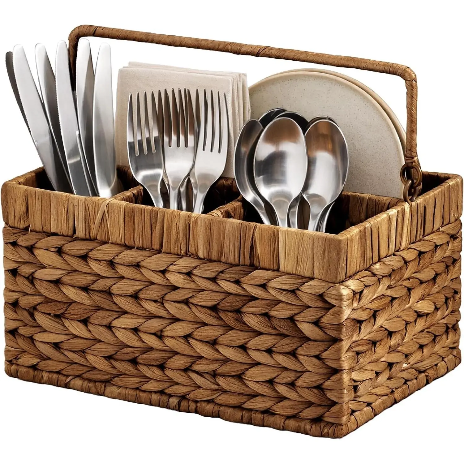 Handwoven Silverware Organizer w/Handle, 4 Compartment Flatware Organizer, Shelf Storage Basket, Wicker Utensil Caddy, Cutlery Basket Holder for Party, Picnic, BBQ - Chestnut