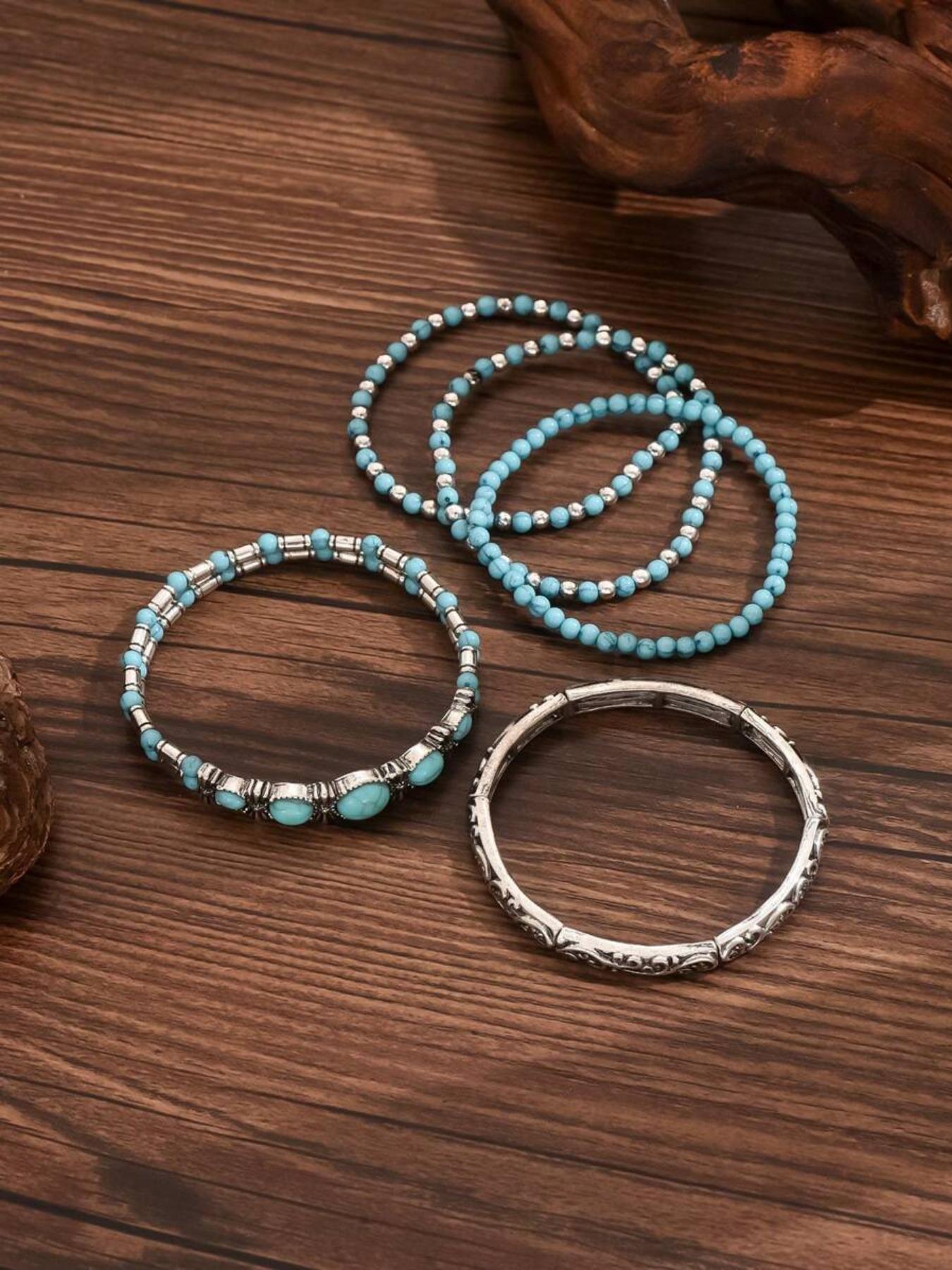 Western Cowboy Style Vintage Faux Turquoise Beaded Stackable Bracelet Set, 5 Pcs Elastic String Jewelry for Men & Women Daily Wear
